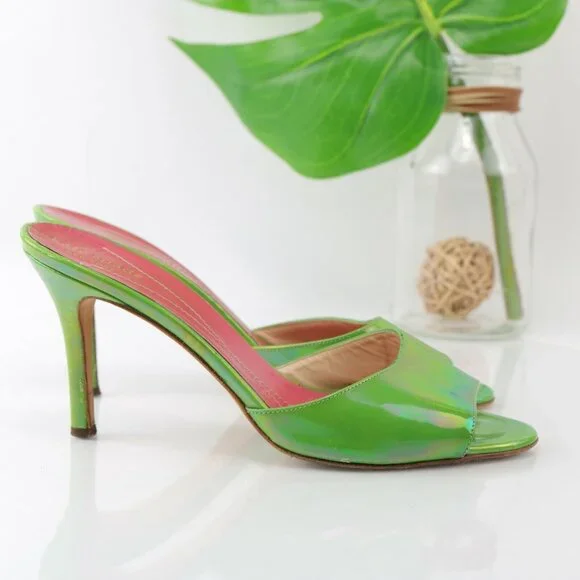 Kate Spade Womens Sandal Size 8.5 Shimmer Green Patent Slide Mule Heel Italy - Picture 5 of 12